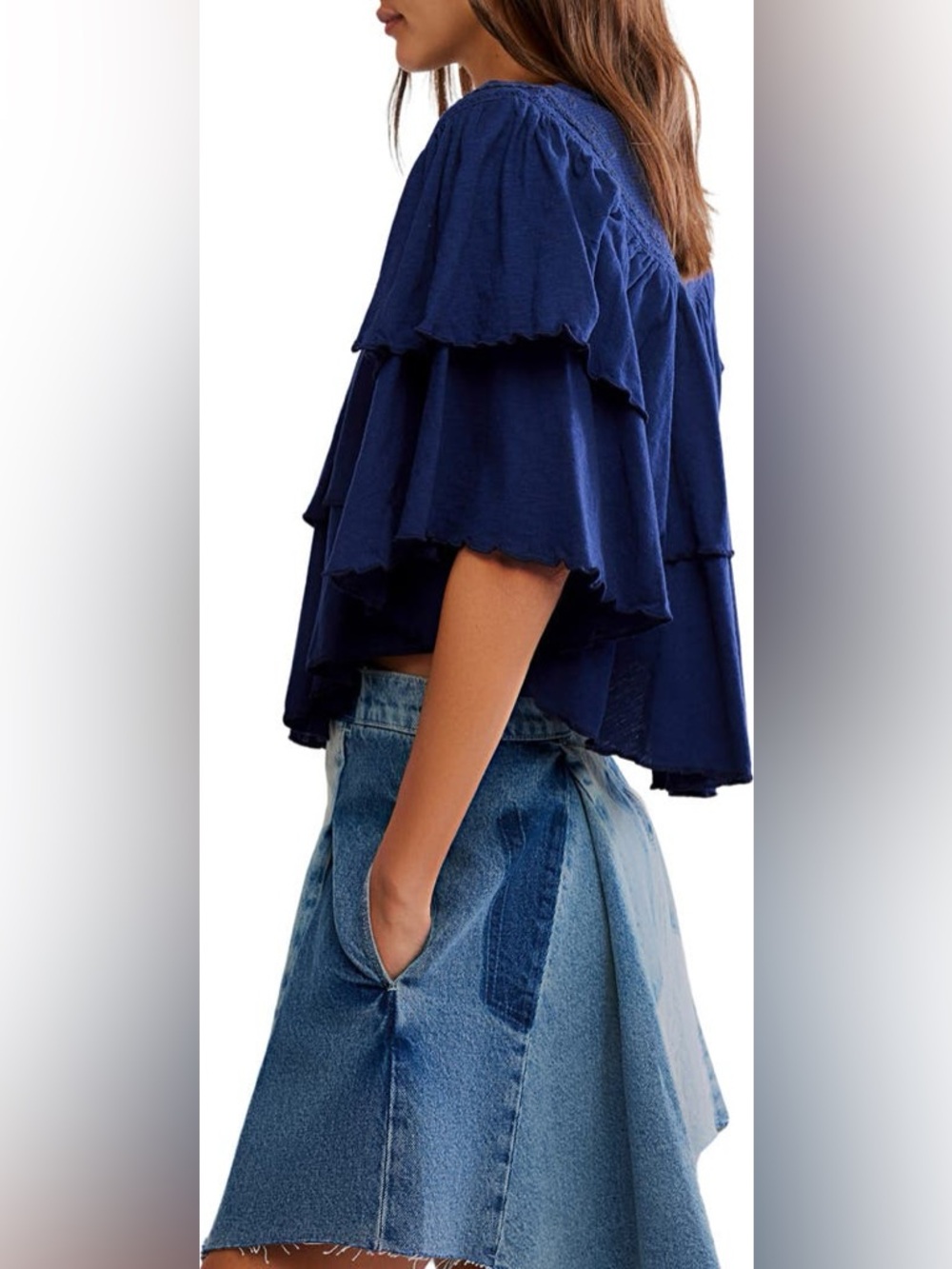 FREE PEOPLE Rose Party T-Shirt Tiered Ruffle Embroidered in Blue Size M NWT - Picture 2 of 4